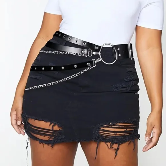 Plus Size☆ Edgy Punk Goth Black Multi-layer Chain And Stud Vegan Leather Belt - Picture 2 of 16